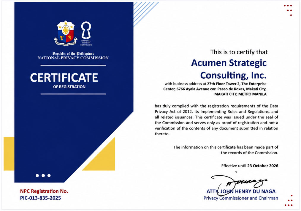 National Privacy Commission Certificate of Registration for Acumen Strategic Consulting, Inc., NPC Registration No. PIC-013-835-2025, effective until 23 October 2026
